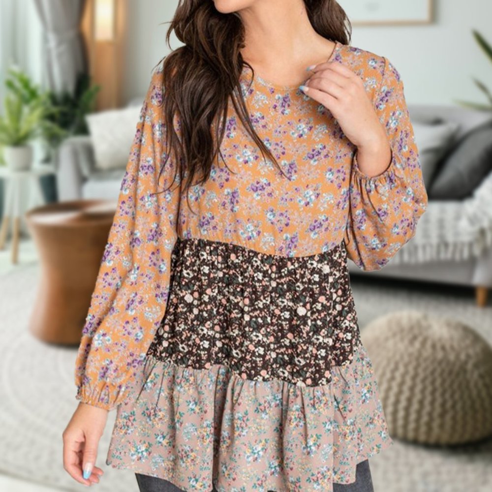 Tiered Floral Beige Sage Blouse Tunic top